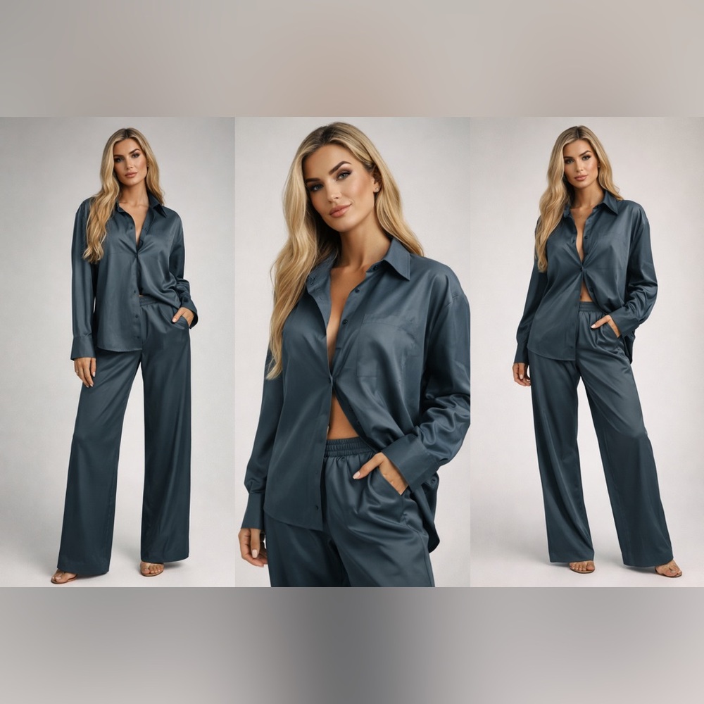 Reformation Blue Gray Matching Set Button Shirt & Wide Leg Pants Size S/4